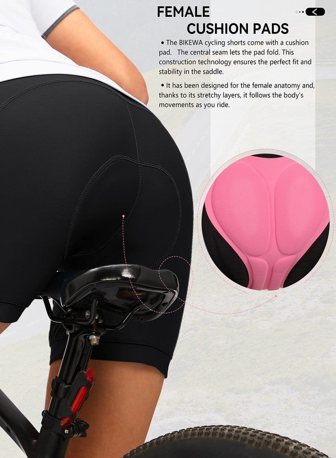 Bikewa شورتات ركوب الدراجات النسائية مبطنة بتقنية 4D، ملابس داخلية مبطنة لركوب الدراجات، شورتات ركوب الدراجات على الطرق والجبال للنساء مع جيوب بسحاب (أسود، مقاس متوسط) - Image 4